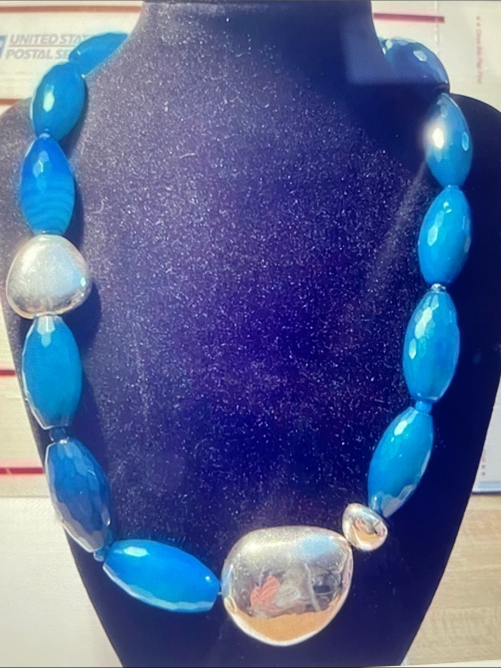 Vintage Blue Statement Bead Necklace with Sterling Silver.Hand Made